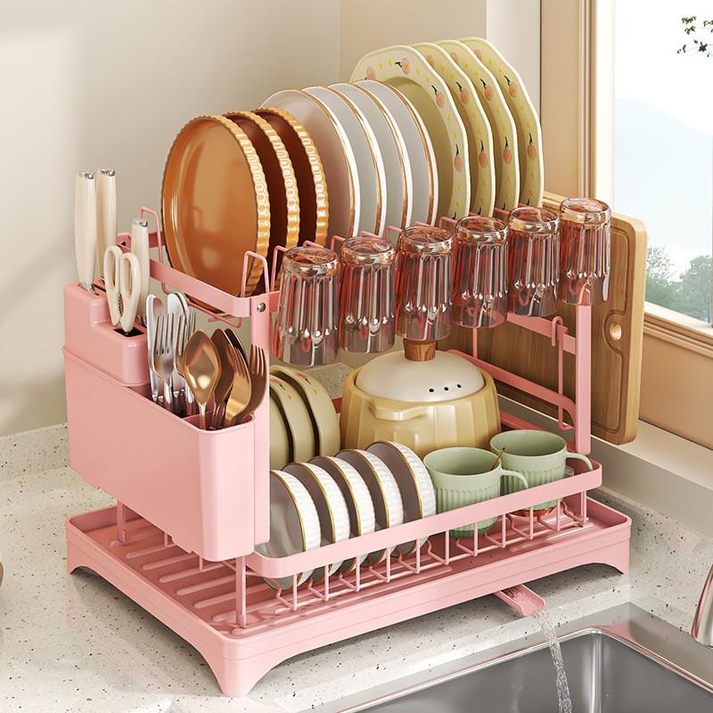 Compact 2-Tier Dish Drying Rack Kitchen Counter Carbon Steel Drain Bowls Plates Cups Modern Minimalist