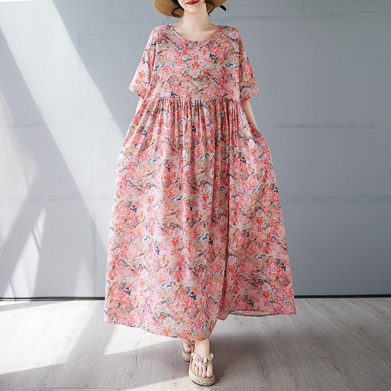 Short Sleeve Plus Size Cotton Vintage Floral New In Dresses for Women Casual Loose Long Summer