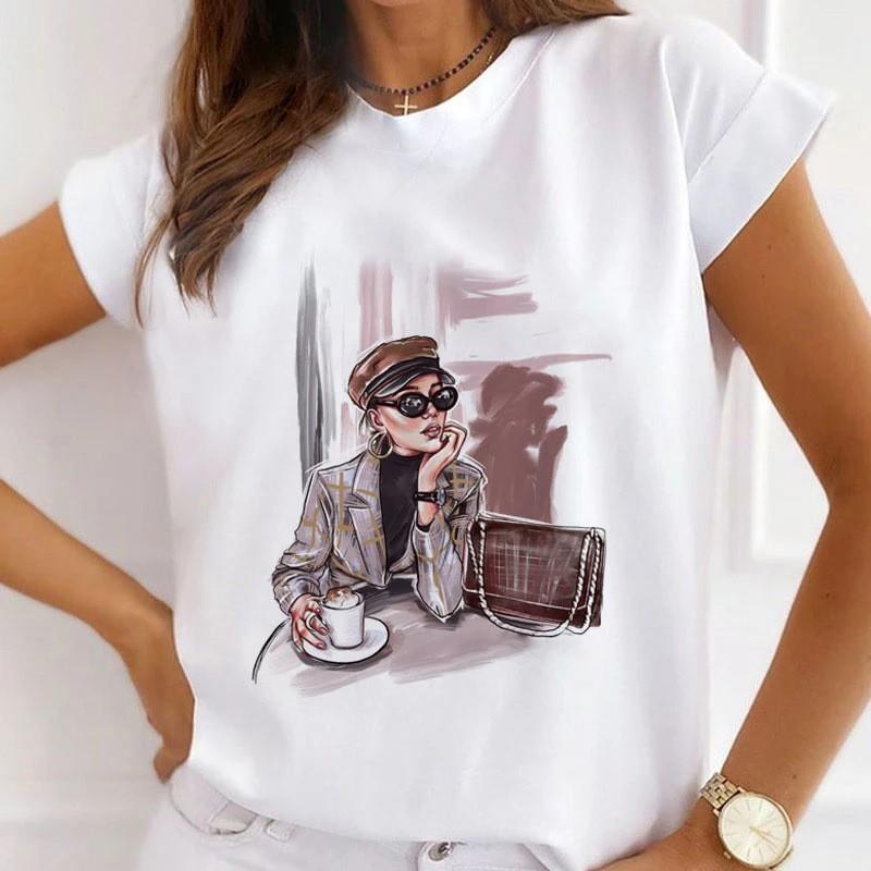 New European and American Fashion City Girl Trend Round Neck Short Sleeve Women's T-shirt Graphic T Shirts Tops