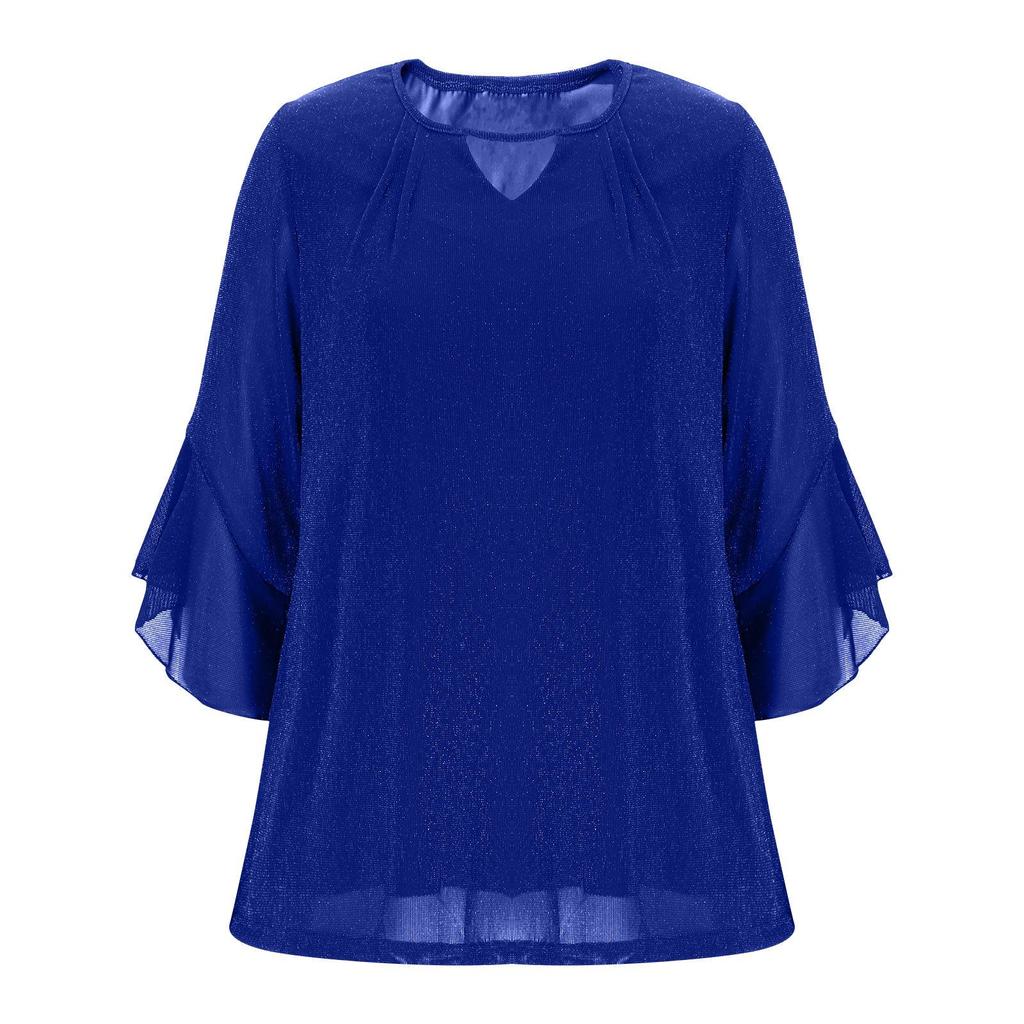 Women's Elegant Ruffled Shiny Stamped Seven-Sleeve Double Layer Mesh Top