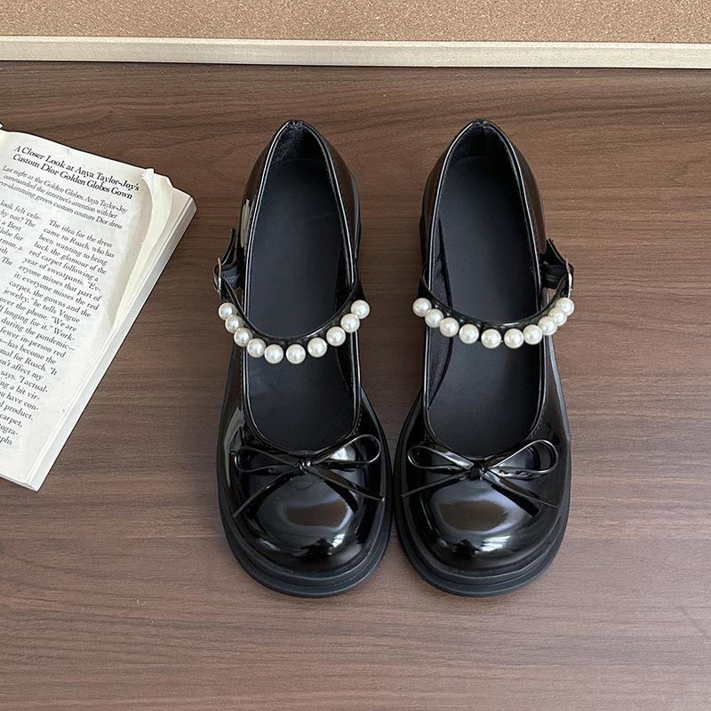 Mary Jane Shoes Women's 2025 Autumn New Fashion Single Shoes Sweet Bow Thick Heel Pearl Small Leather Shoes
