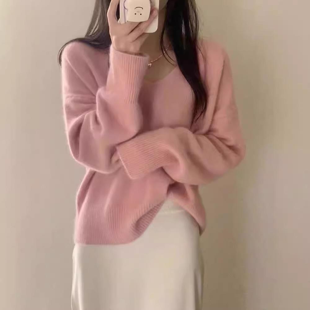 V-neck Knitted Sweater for Women Thick Autumn and Winter Loose and Fashionable Sweater Casual Long-sleeved Pullover