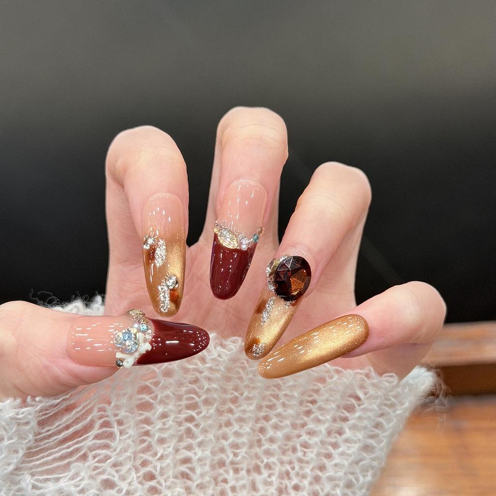 Cat Eye Amber Leopard French Handmade Sparkle Nails