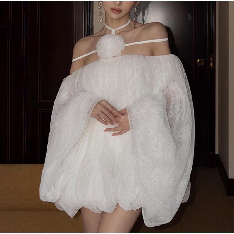 Rochie Elegantă de Petrecere cu Volane Femei Gât Înalt Mânecă Tip Felinar Linie A Mini Rochii Modă Floare 3D Rochie Doamnă