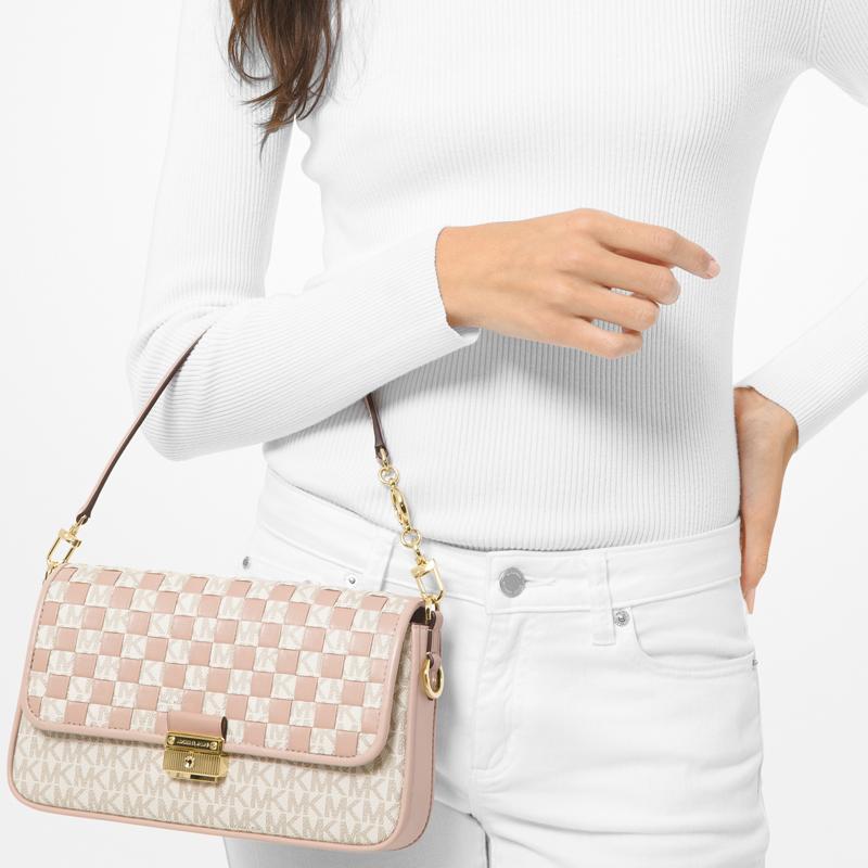 New MICHAEL KORS Bradshaw Cow Leather Shoulder Bag, Baguette Bag, Shoulder Bag Women's Vanilla White & Pink 30T1G2BL5B-VANL-SFTPINK