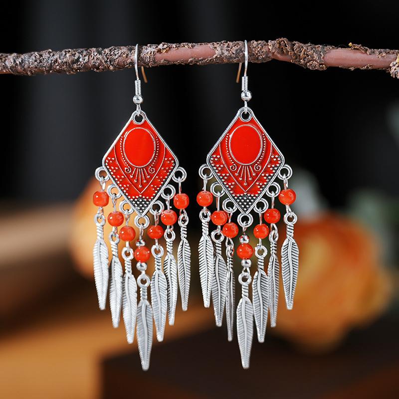 Fashion Vintage Bohemian Leaf Tassel Drop Dangle Earrings For Women Enamel Rhombus Geometric Beads Handmade Boho Earring Zircon