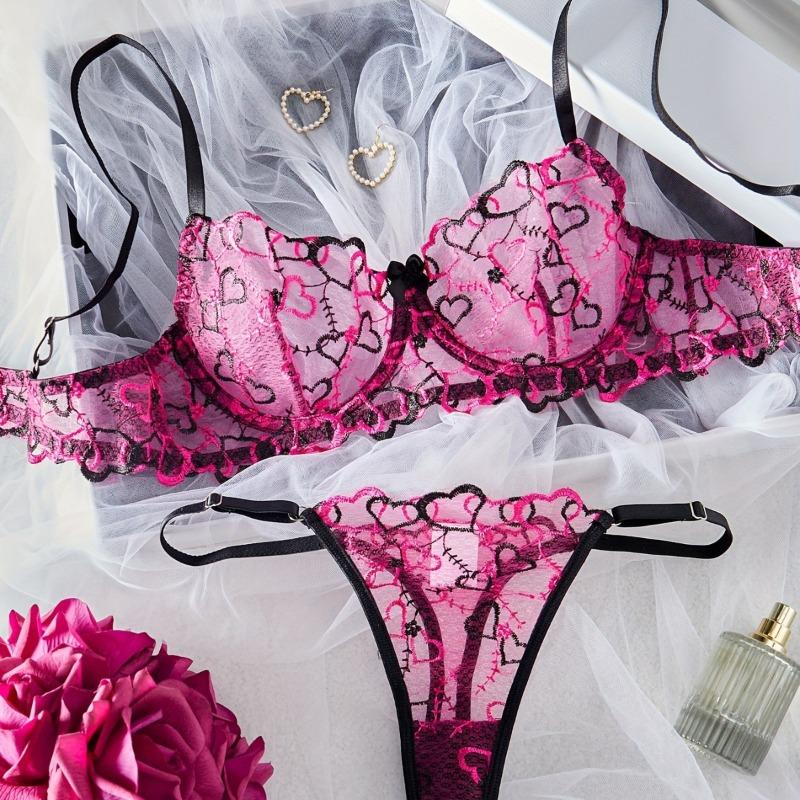 New Love Embroidery Sweet Sexy Mesh Bra Sex Underwear Set