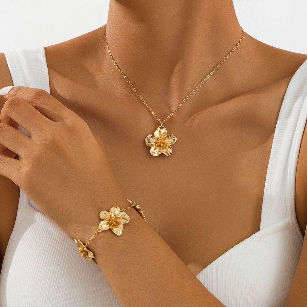 6Pcs Zinc Zinc Alloy Flower Jewelry Set Vintage Women Jewelry Suit Necklace Earrings Bracelet Set  Women