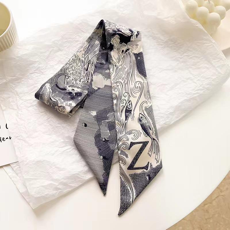 Small White And Tender Green Silk Scarf For Women, Thin Streamer, Headband, Hair Tie, Bag Decoration Long