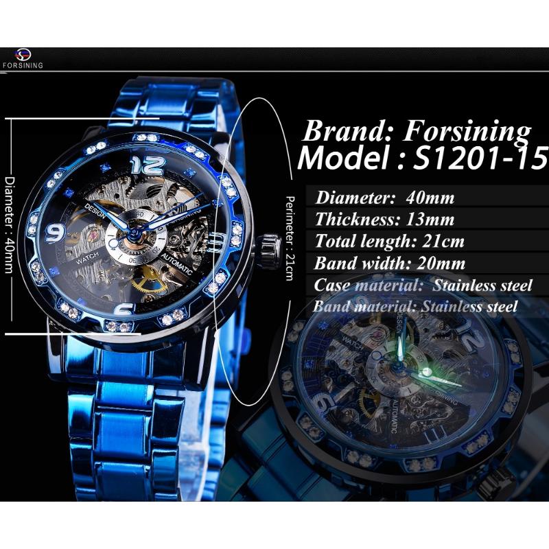 Forsining Montres Mode Homme Casual Classique Pop Ajouré Strass Montre Mécanique Manuelle