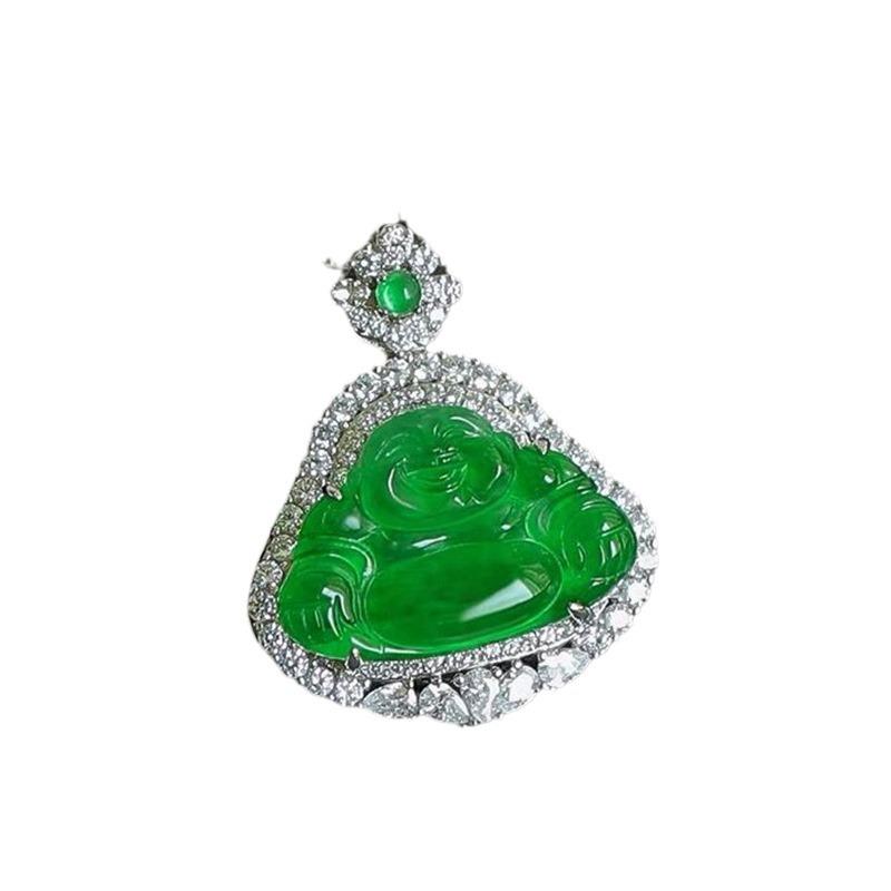 S925 Silver Pendant: Natural Jade Maitreya Buddha Necklace, Full Green Design.