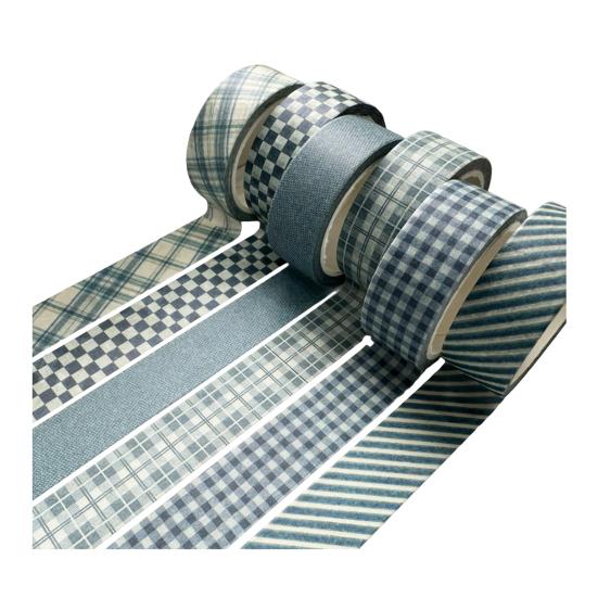 Office Desk Organization Tape 6 Rolls Plaid Washi Set, Grid Checkered Pattern Masking Tape, Self Literary Art Style Adhesive Decorative for