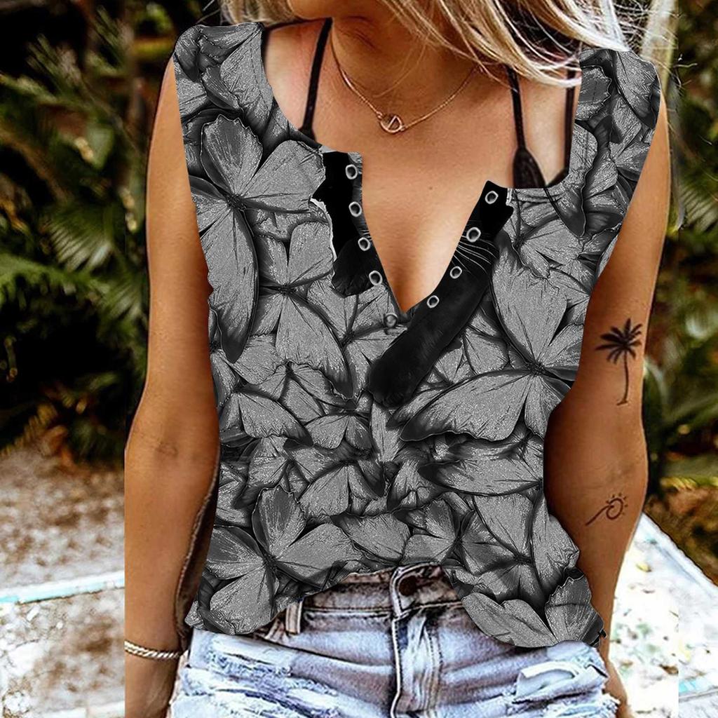 Women Tanks Sexy V Neck Sleeveless Summer Tops Vest 3D Many Butterflies Print Cool Lightweight Tops