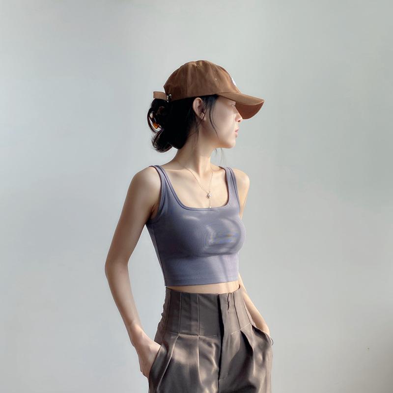 High Stretch with Chest Pad Square Neck Short Vest Women Wear Sleeveless Crop Cotton Halter To Prevent The Bare Bottom