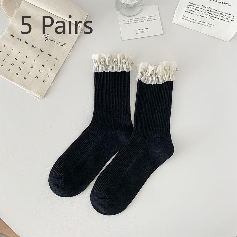 

5 пар модных и симпатичных женских плиссированных кружевных мягких носков до середины голени 5 Pairs чёрный/белый