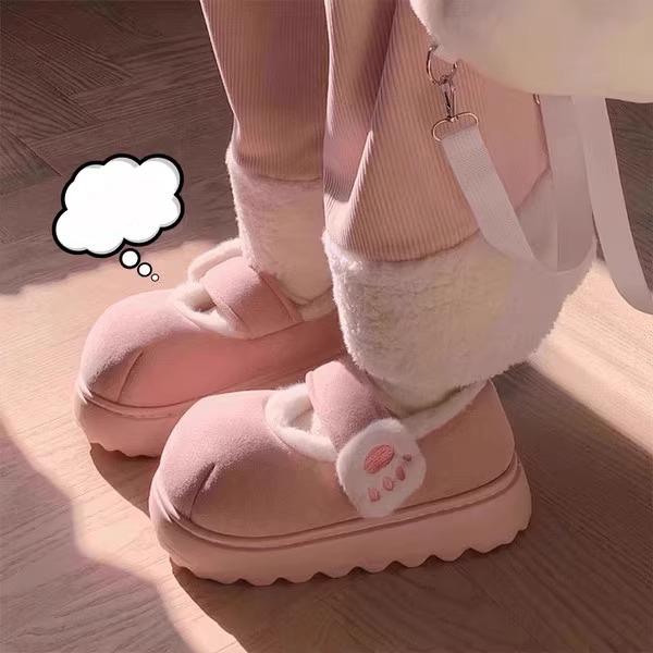 Cute Cat Paw Snow Boots Shoes Winter Velvet Thick Sole Indoor Outdoor Shoes Round Toe Ankle Boots