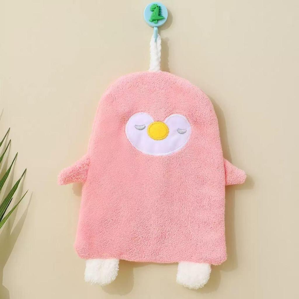Cartoon Embroidered Coral Fleece Hand Towel with Strong Water Absorption, Thickened Hanging Style for Kitchen Use.