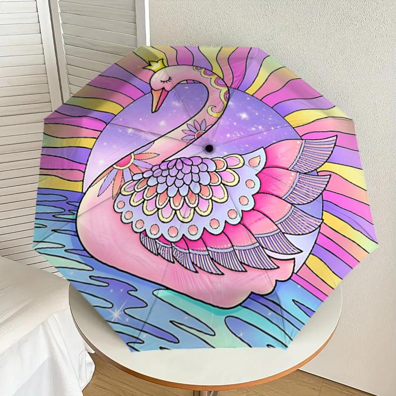 Magical Swan Auto-Folding Umbrella: Rainbow Fantasy Design, Portable 3-Fold Structure with Iron Frame, Perfect for Festivals, Travelers, Dai