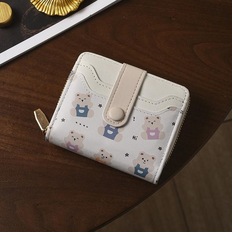Cute Bear Print Women Wallet Short Zipper Coin Purse PU Leather Bifold Wallet Card Holder Small Clutch Wallet for Girls