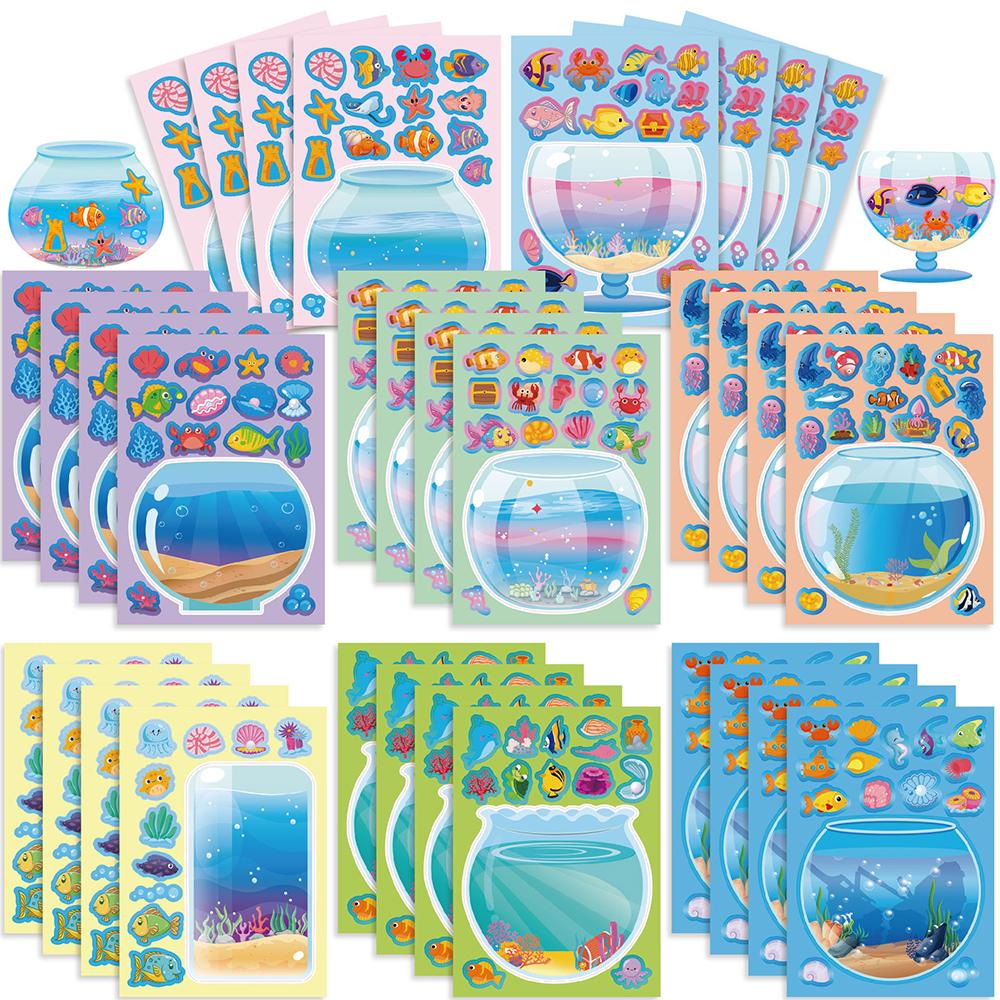 8/16Sheets Cute Creative Fish Tank Puzzle Stickers Cartoon Make a Face DIY Game Children Jigsaw Sticker Toys Gifts