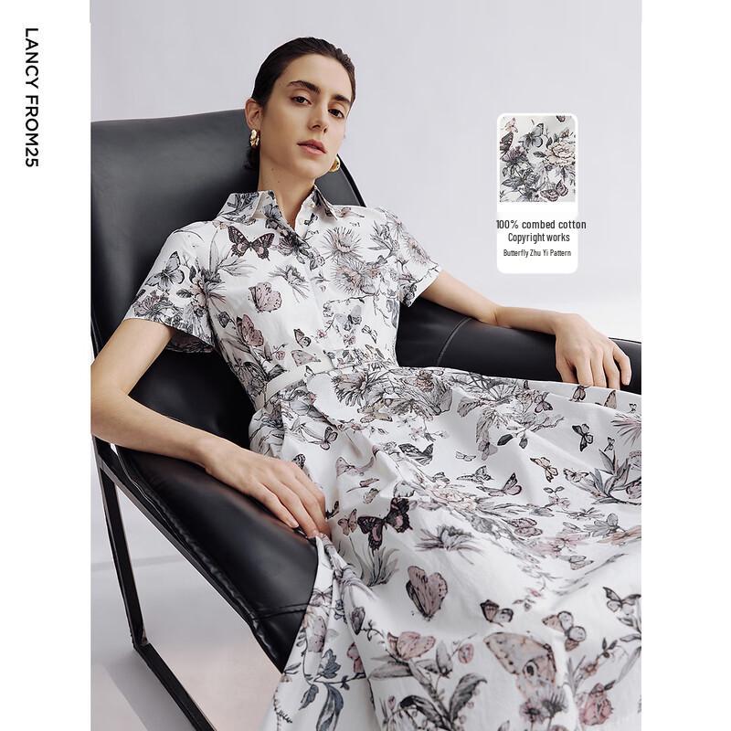 

LANCY Butterfly Print Polo Collar Cotton Shirt Dress M