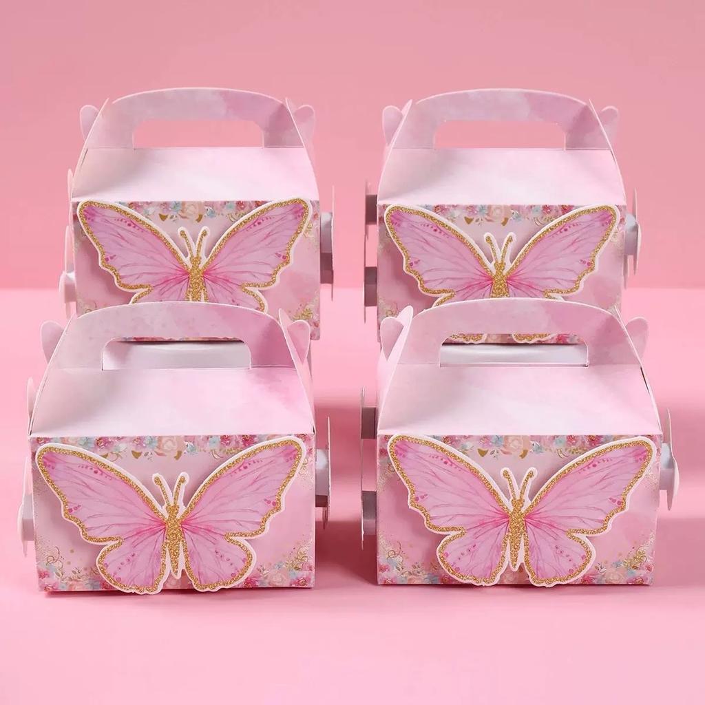 WTEMPO Floral Butterfly Birthday Gift Boxes with Handles Butterfly Floral Treat Boxes Party Favors Packaging Box for Princess Birthday Baby Shower