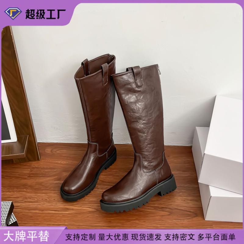 Grape Mother Winter New Long Knight Boots Women Wear High-end Thick-soled Boots Women's Pleated Women's Leather Boots