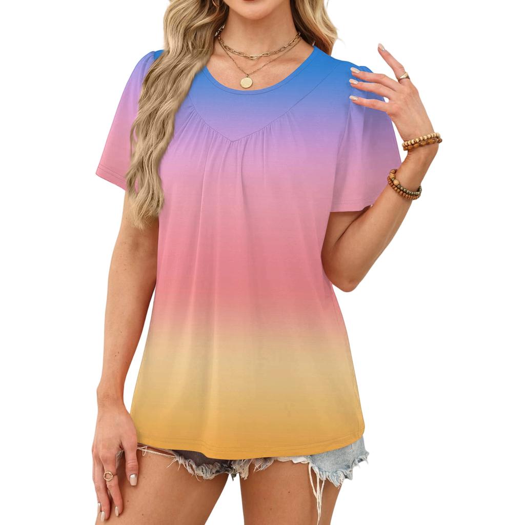 Women's Casual Fashion Round Neck Gradient Printed Pleated Short Sleeve T,shirt Top
