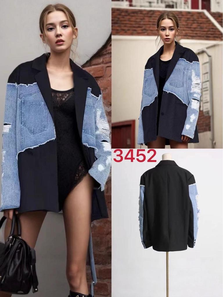 Korean Style Women's Denim Patchwork Cuffed Ripped Suit