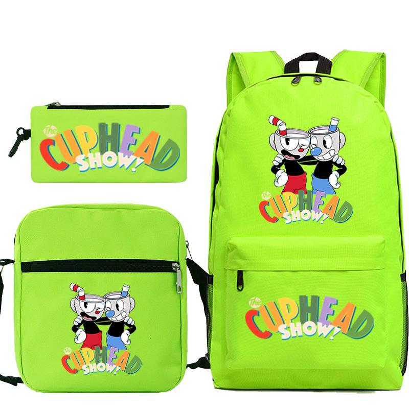 Cartoon Teacup Head Cuphead Student School Bag Backpack Three-piece Set Children's Shoulder Bag Pencil Bag