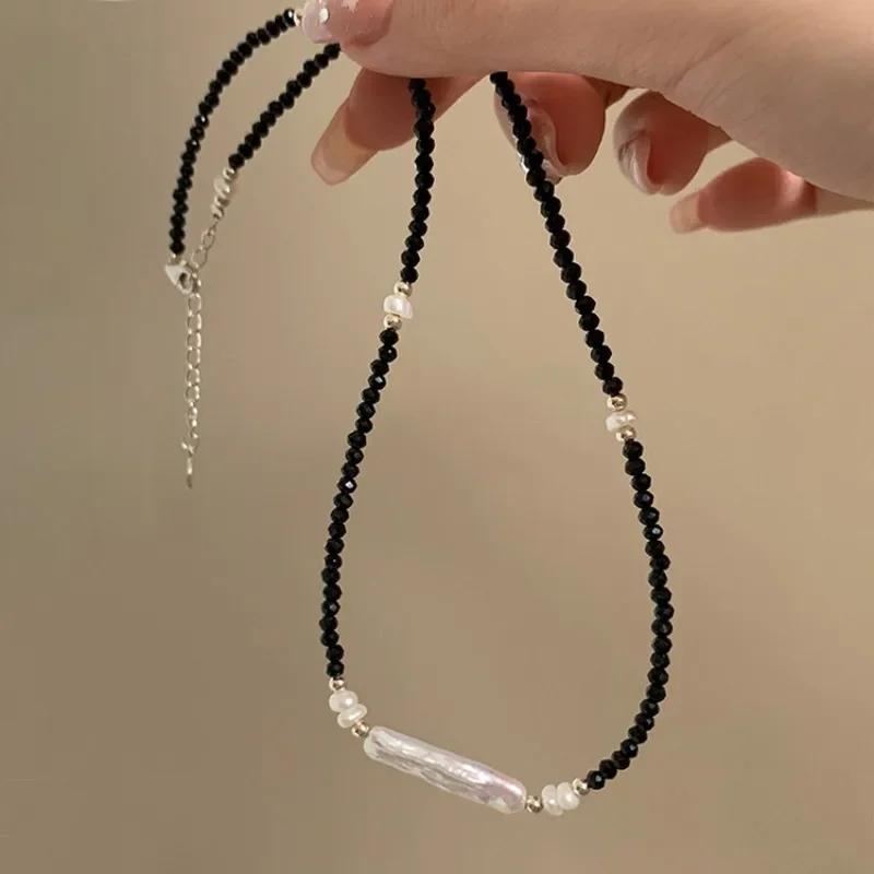 Irregular Faux Pearl Black Crystal Natural Stone Beaded Choker Necklace For Women Daily Wear Jewelry