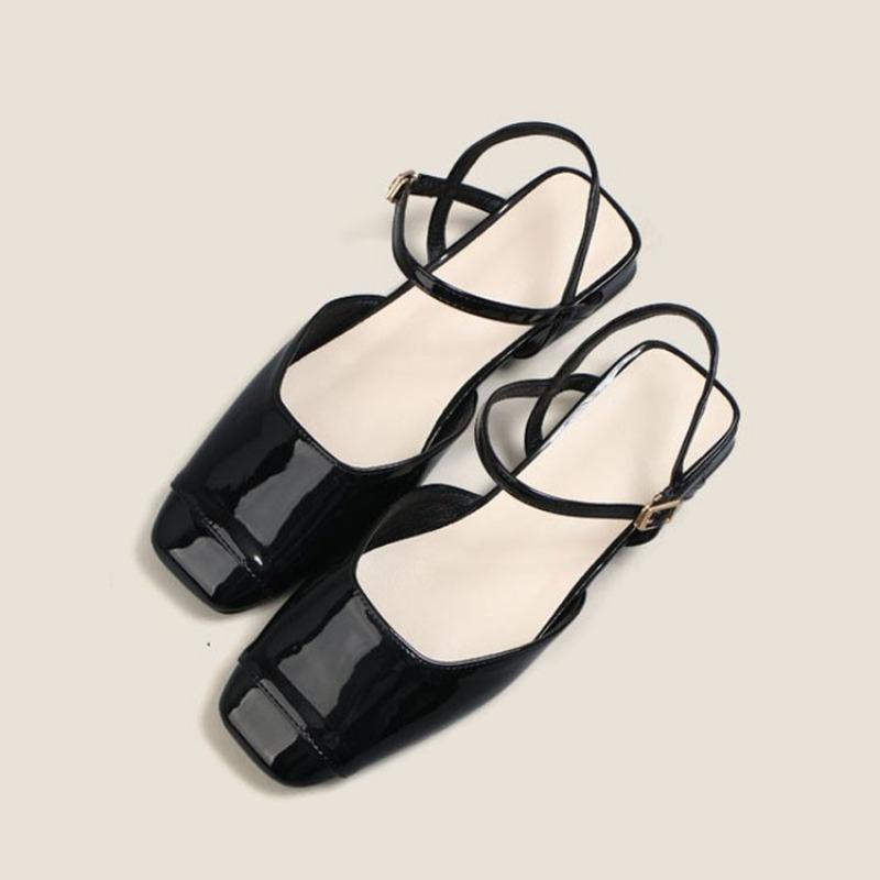 Fashion Square Toe Japanned Leather Mary Janes Shoes Woman Designer Slingback Summer Shoes Patchwork Leather Flats Women Work Shoes