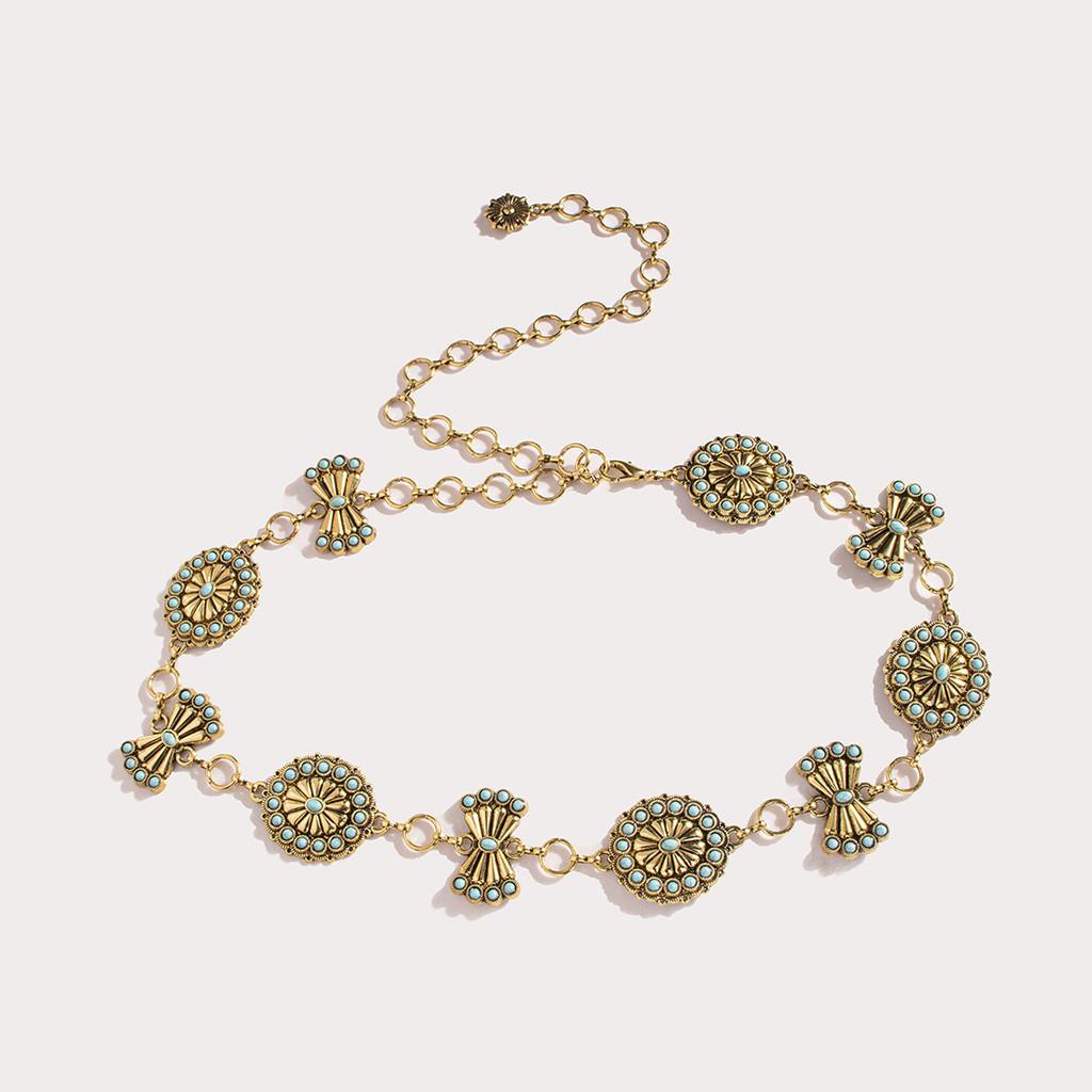 Classic Geometric Turquoise Metal Waist Chain Accessory With Design Carving