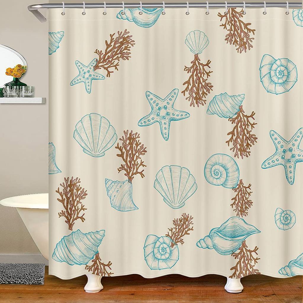 Nautical Coastal Shower Curtain,Beach Ocean Theme Shower Curtain for Bathroom Decor,Summer Tropical Coral Bath Curtain with Hook