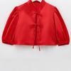 2025 Spring European & American Style Women's Satin Puff Sleeve Bow Top