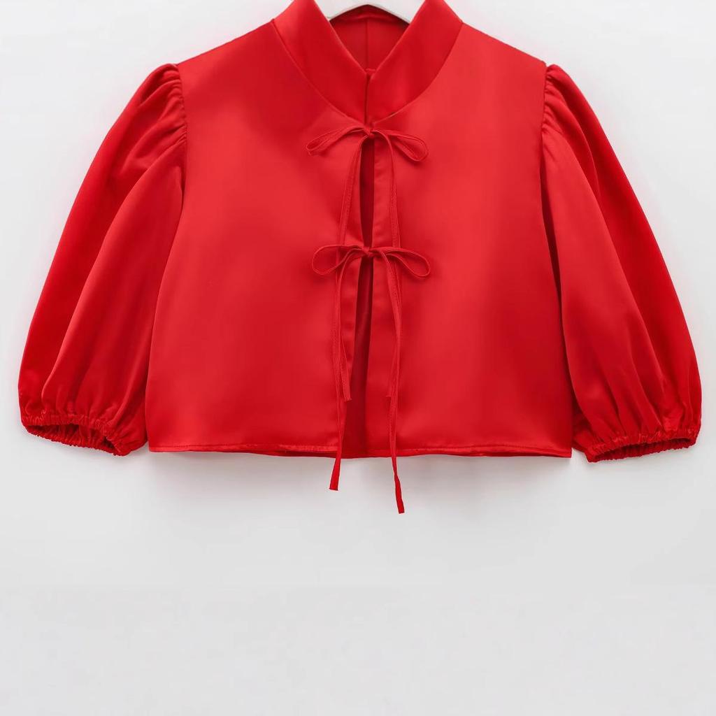 2025 Spring European & American Style Women's Satin Puff Sleeve Bow Top