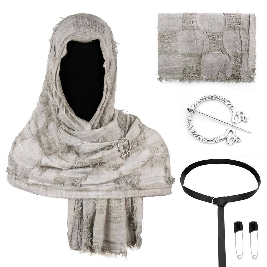Medieval Hooded Cloak Scarf Set with Brooch and Belt for Cosplay Renaissance Festival Costume Accessories
