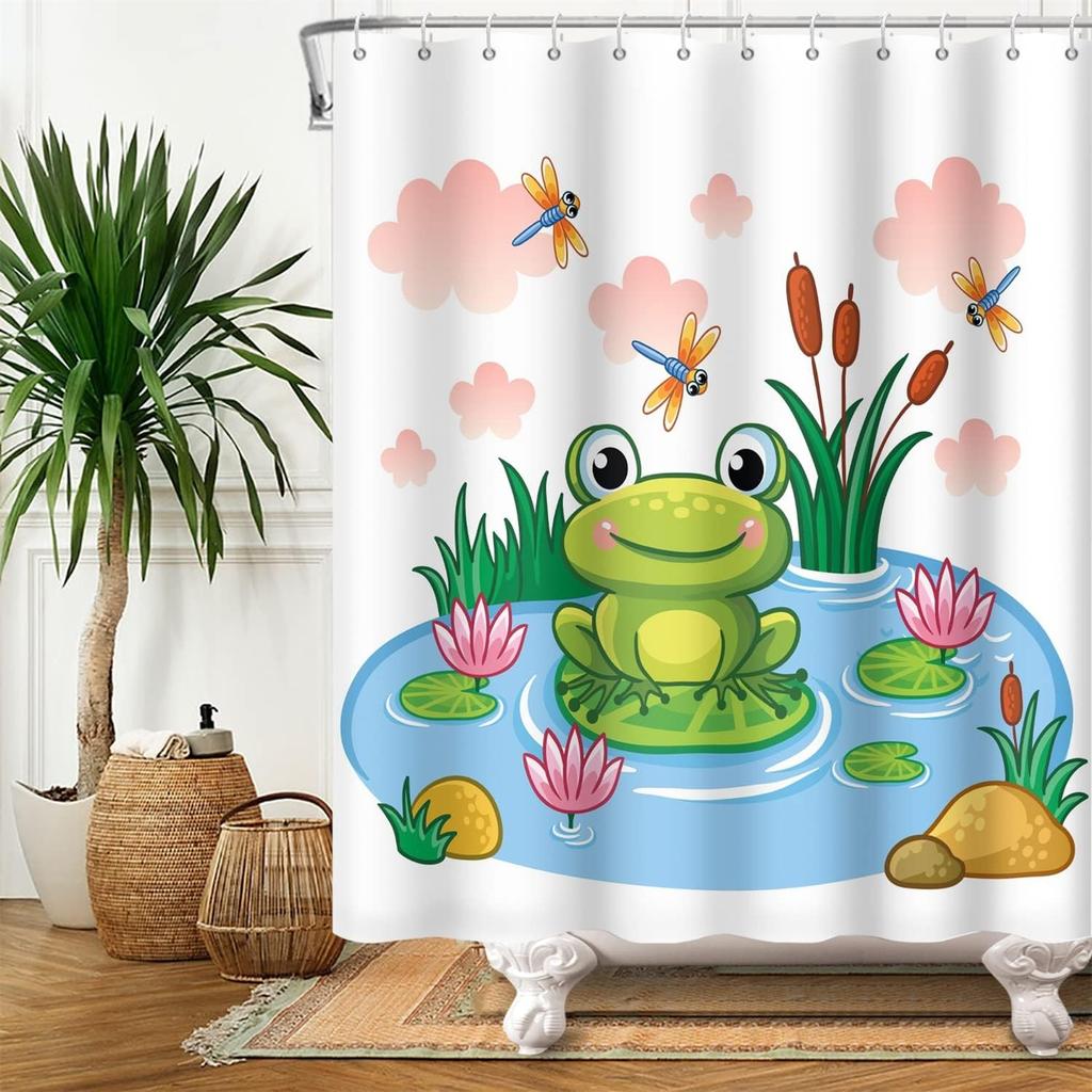 Cute Frog Shower Curtain with Cartoon Frog on Lotus Leaf, Pond Flower Dragonfly Summer Animal Design Waterproof Bathroom Decor