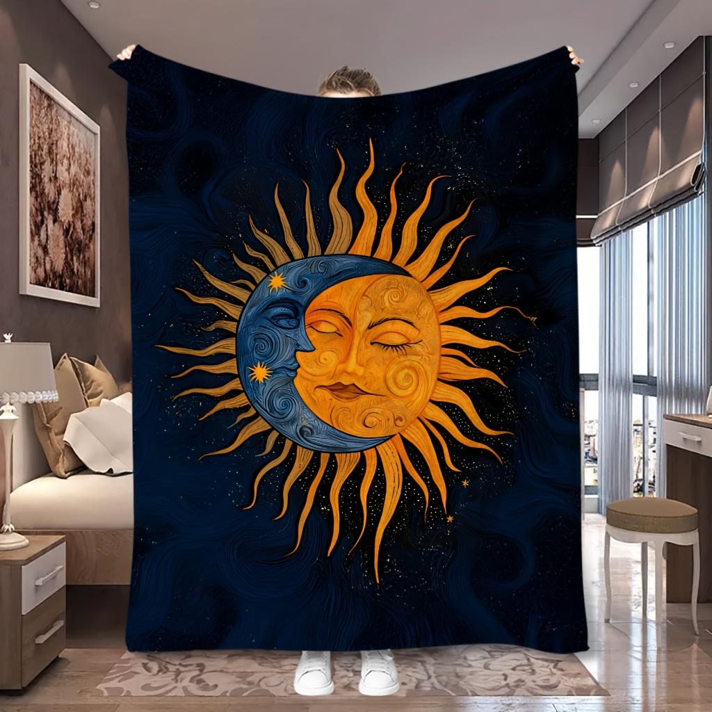 1pc Vintage Sun Moon Celestial Art Print Flannel Blanket, Practical And Ultra Soft, Suitable for Blankets, Bed Covers, Dormitory, Camping, And Lawn Pi