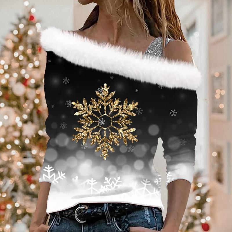 Damski top z długim rękawem z ukośnym kołnierzem Modny damski luźny sweter z nadrukiem świątecznym z odkrytymi ramionami