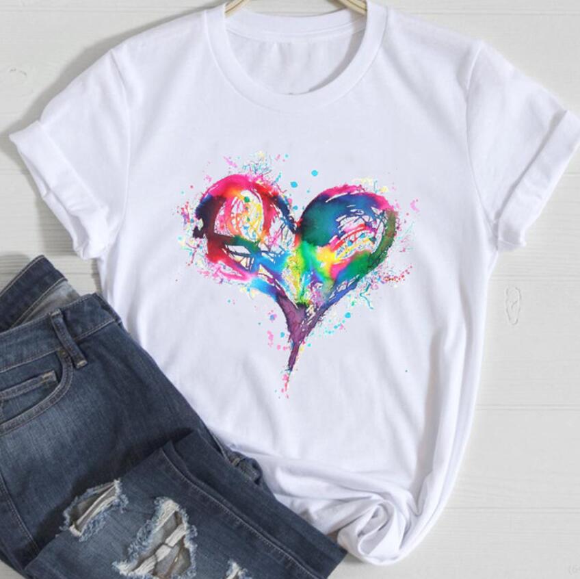 Women's Round Neck White Short-sleeved T-shirt Fashion Printed Valentine's Day Base Shirt Aesthetic Clothes Summer Polyester