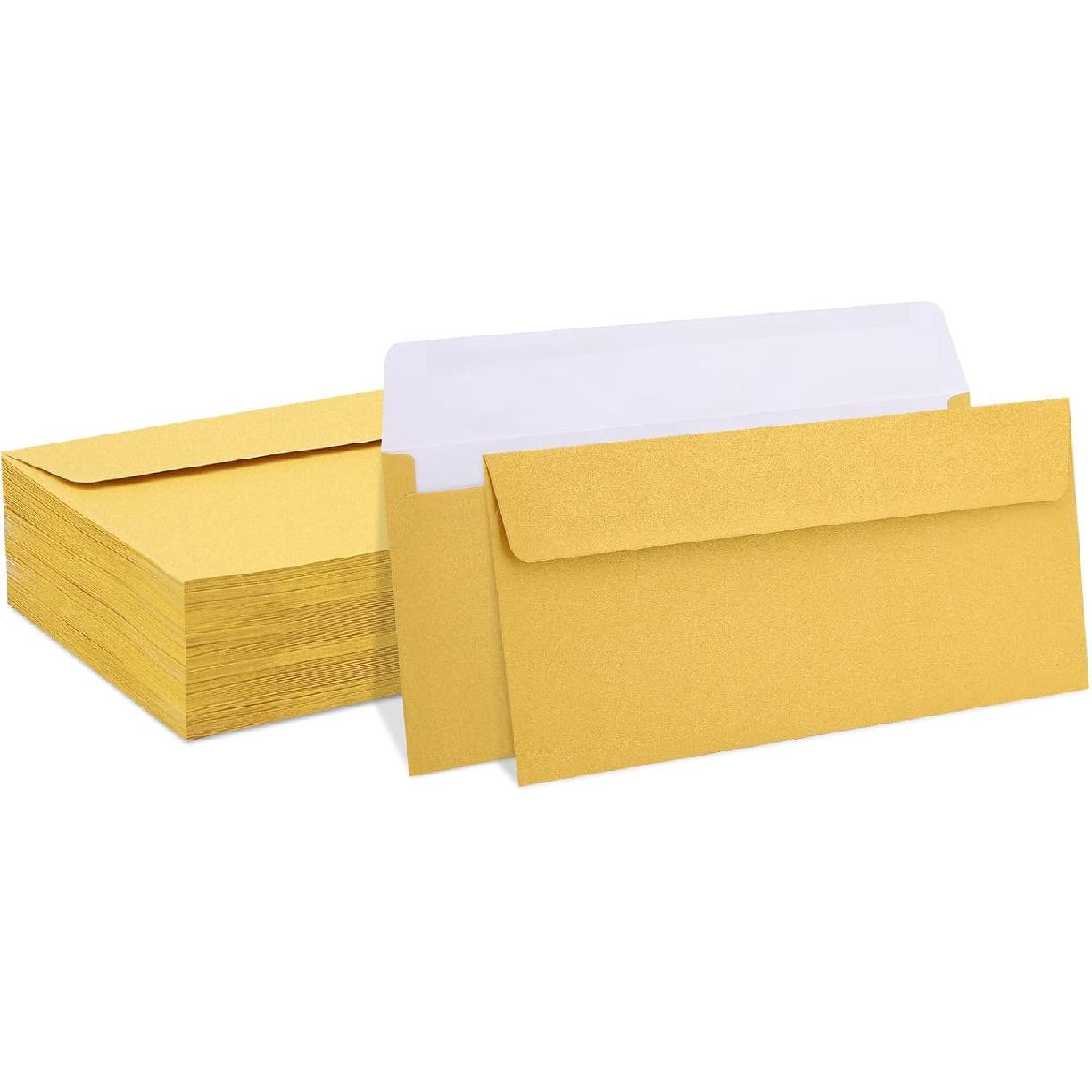 100 Pack Gold Metallic #10 Business Envelopes 4-1/8 x 9-1/2 in Square Flap Mailing Envelopes for Office, Business Letterhead, Invoices, Personal Gold-100