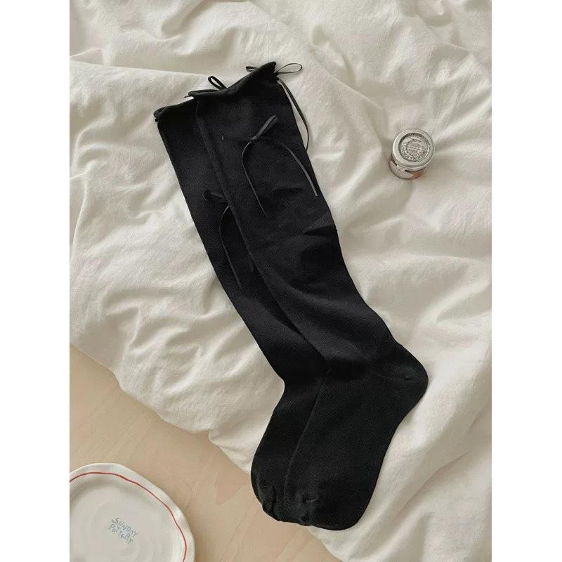 Spring/Summer Korean Style Solid Color Calf-Length Bow Knot Ballet Socks - Women's Thin, Breathable Design
