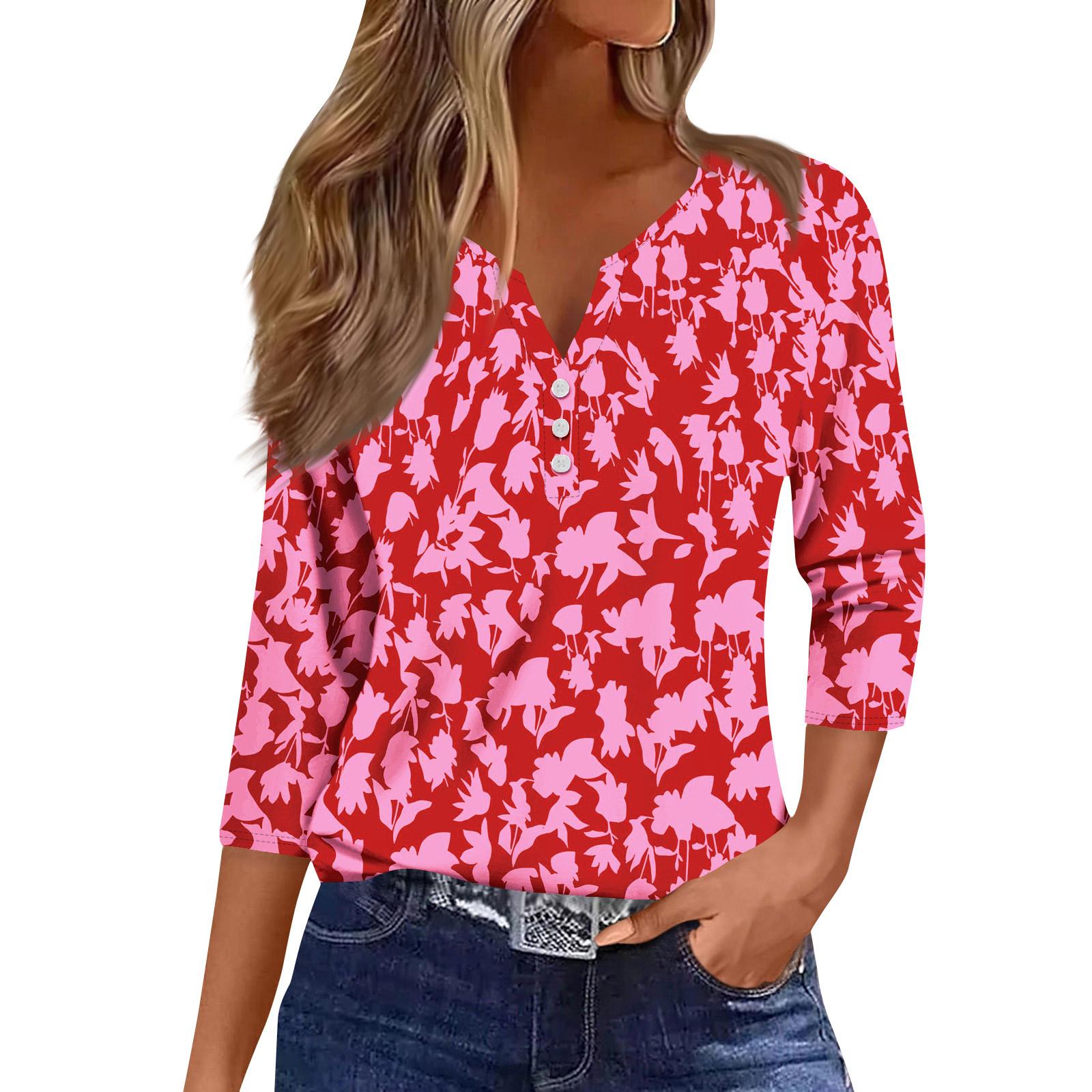 

Women s Fashion Casual Seven Split Sleeve Burst Vintage Floral Print Pullover Top S червоний