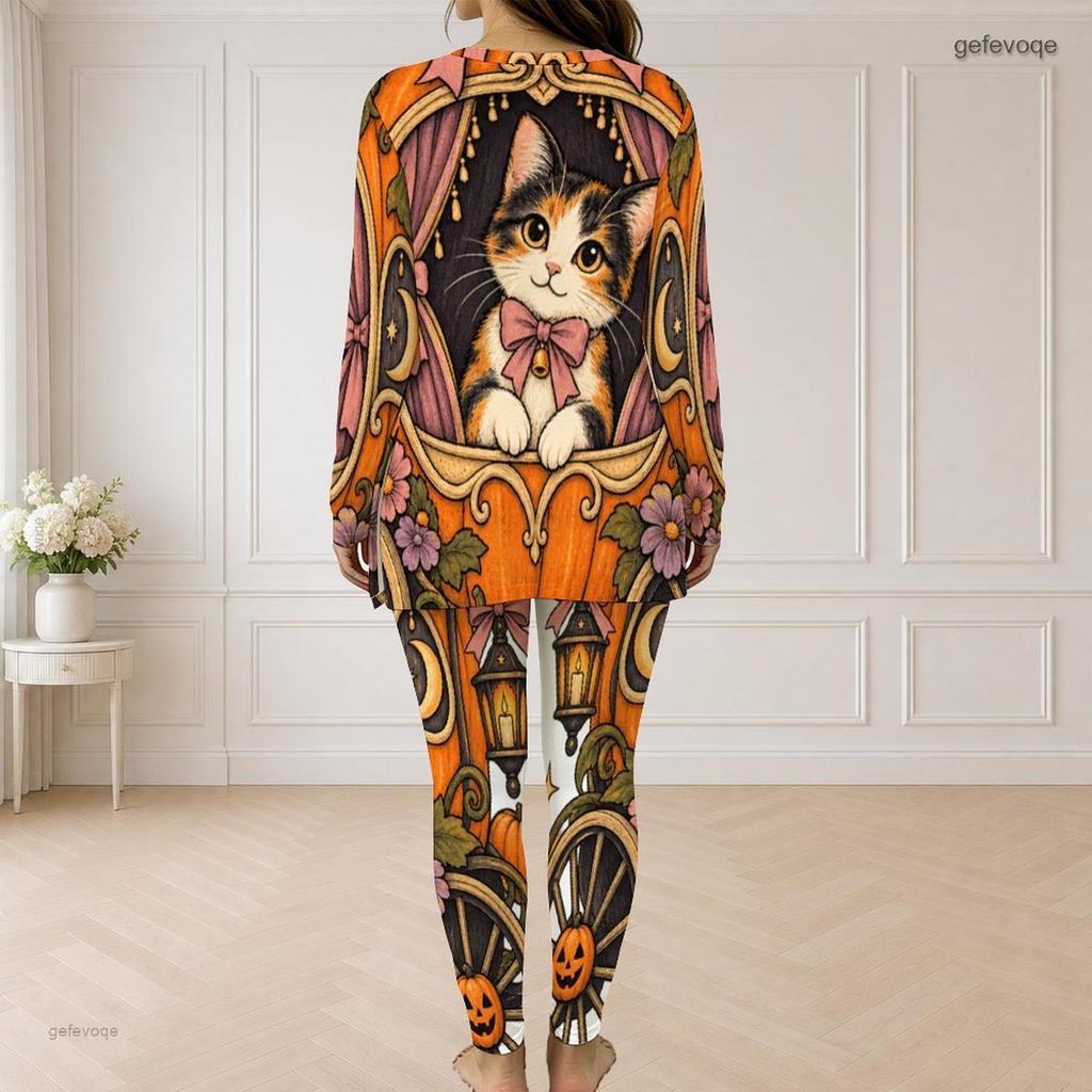 Women Plus Size Halloween Printed Two Piece Pants Set Half Zip Long Sleeve Top And Long Pants