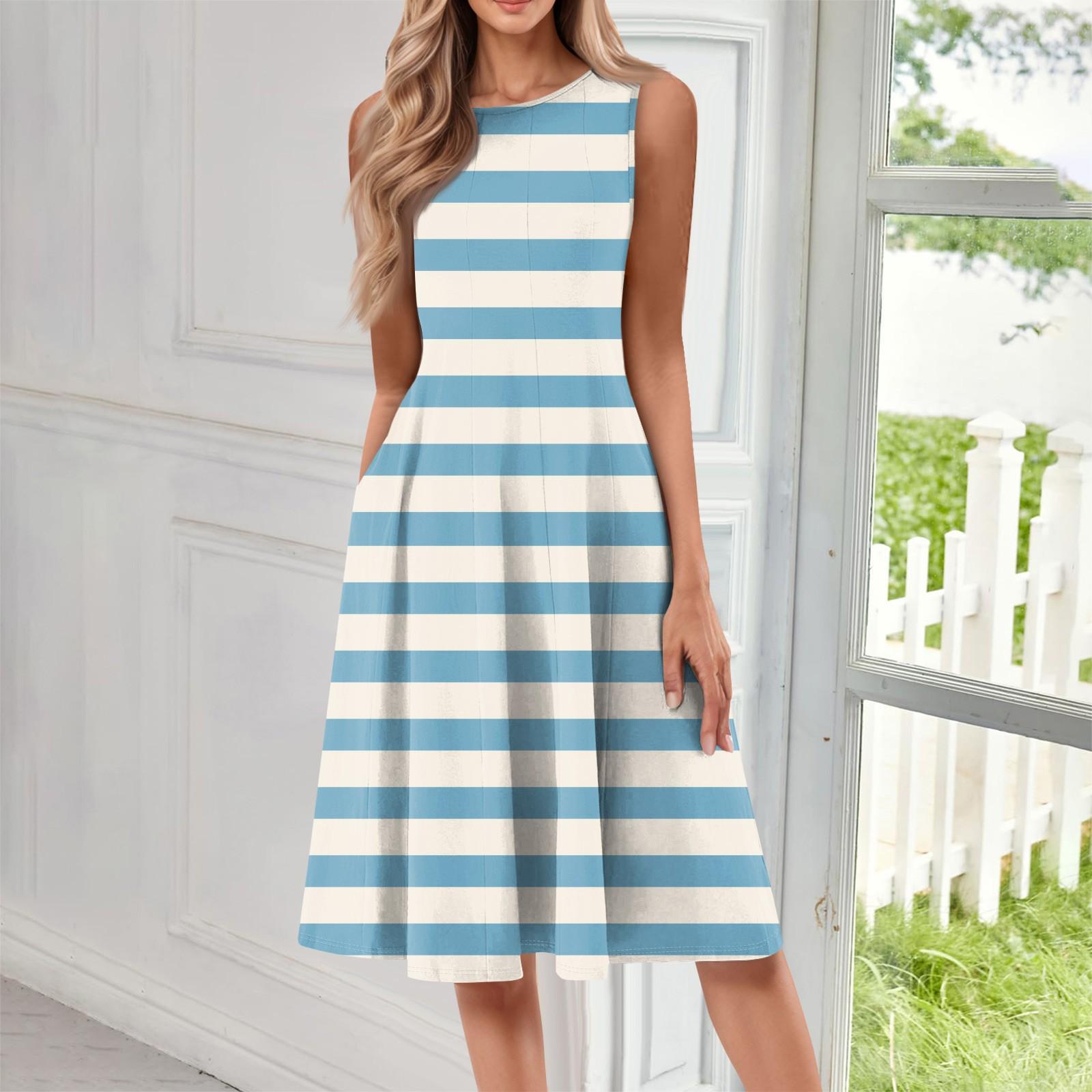 

Женское модное повседневное платье-пуловер с круглым вырезом без рукавов и принтом средней длины L синий