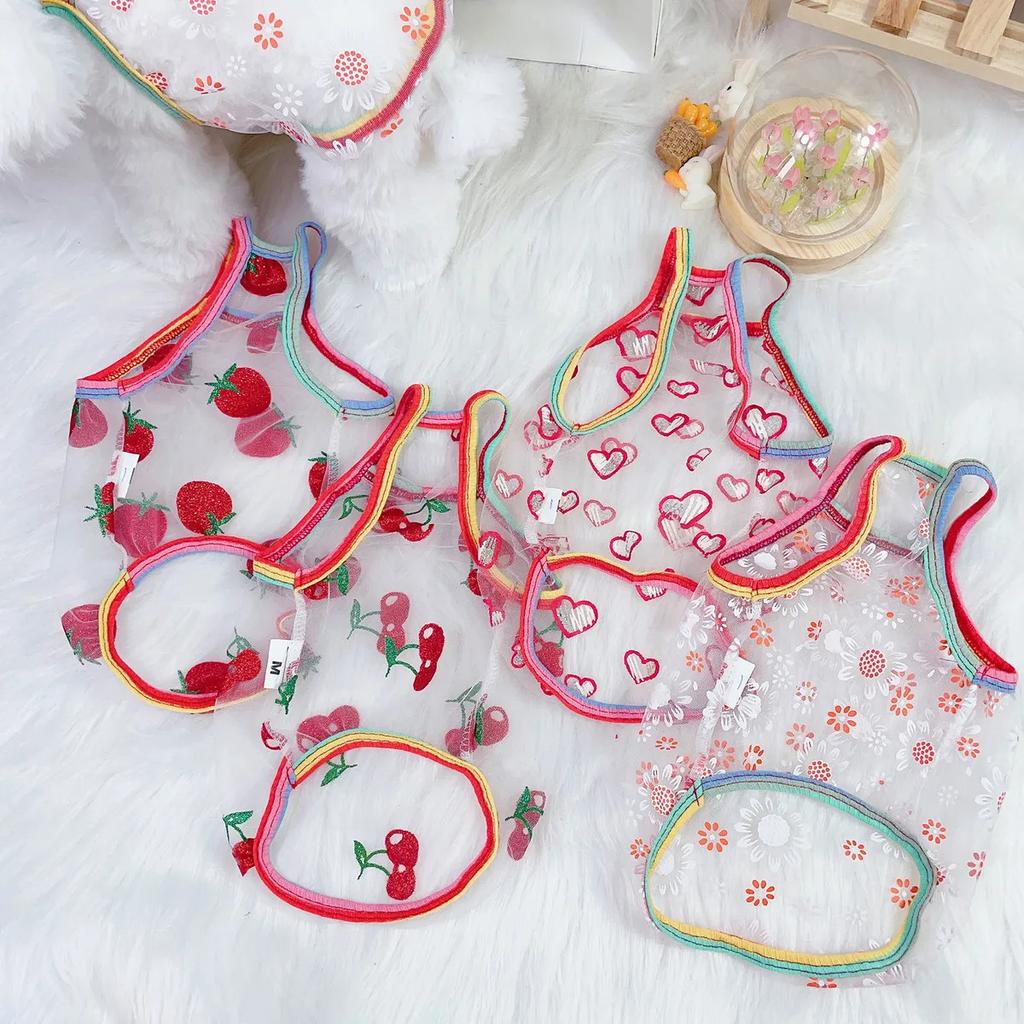 Hunde Süßes Netz-Erdbeer-Camisole Haustier-Kirsch-Camisole Sonnenschutz-Netz Teddybären Malteser Hund Welpenkleidung Hundekühlweste