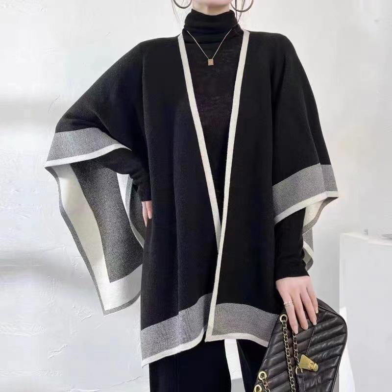 

Большой размер свободный нерегулярный контрастный цвет накидка шаль женский средний и длинный многоцелевой вязаный кардиган накидка 032 # average size чёрный