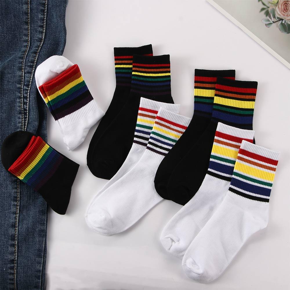 

Casual Colorful Black White Breathable Stripe Socks Rainbow Socks Rainbow Stripe Cotton Hosiery white-A