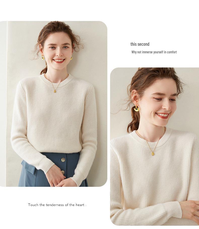 Women's Striped Cashmere Sweater - 2024 Autumn/Winter, Round Neck, Gentle Style, Loose Fit & Slimming, Short.